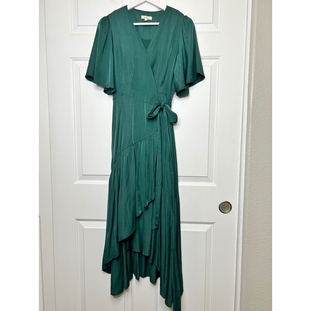 In Loom Wrap Dress Medium Green Ruffle Flutter High Low